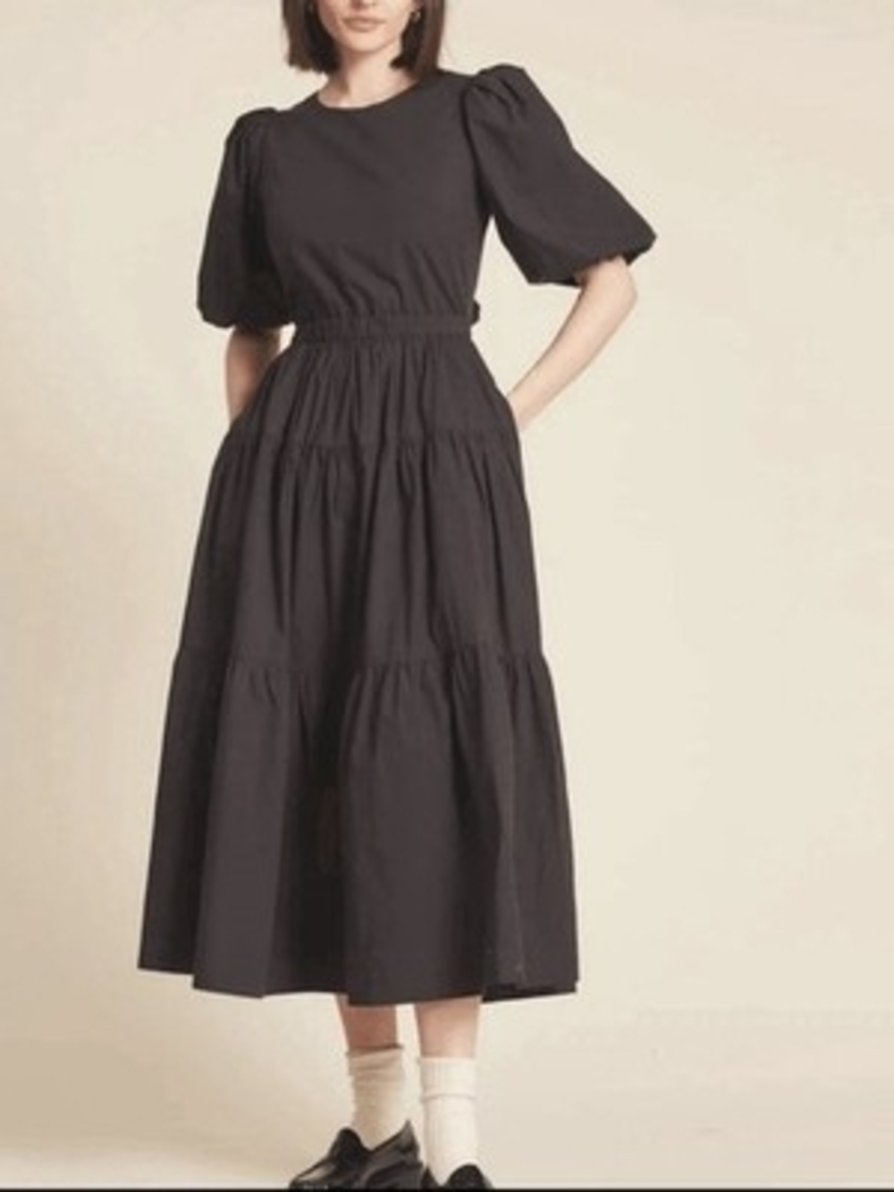 Trovata Birds Of Paradis Daphne Black Puff-Sleeve Tiered Tie Back Midi Dress XS